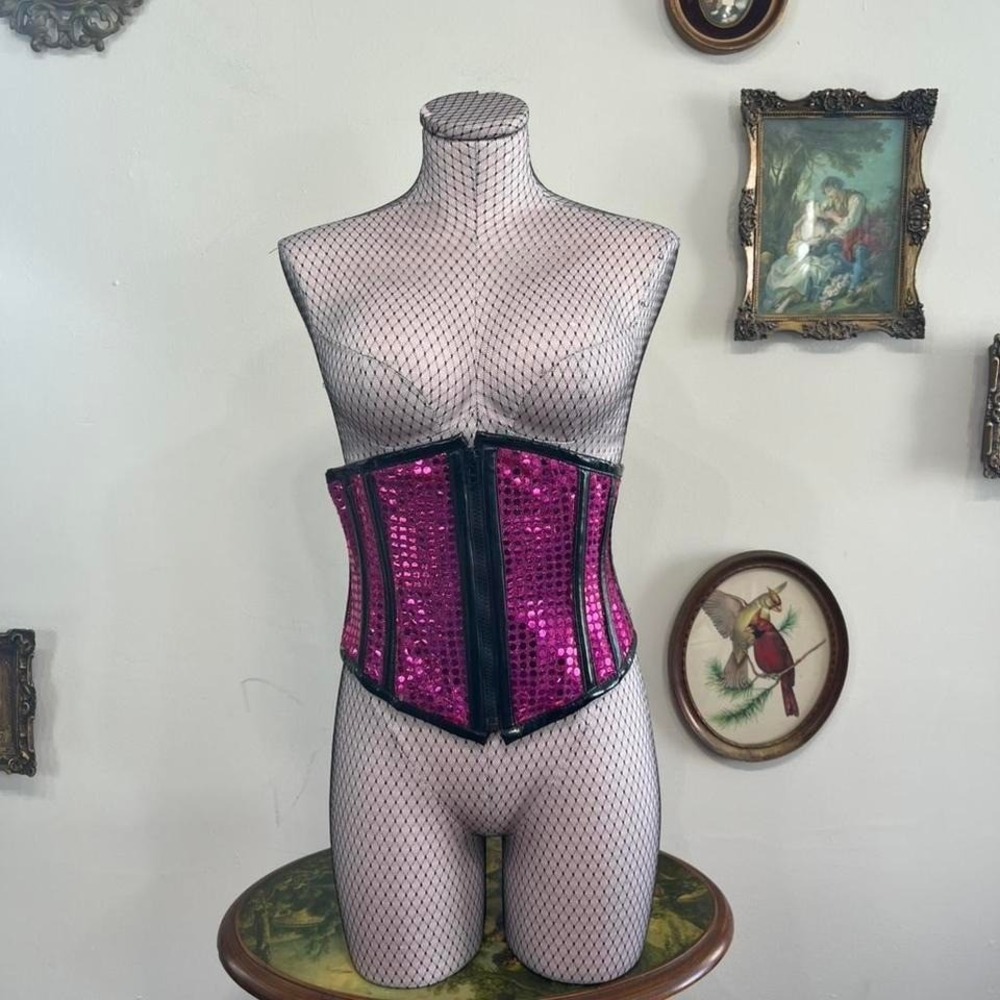 Burlesk Pink Sequin Underbust Corset Vintage Black Trim Lace Up Size 28 83h